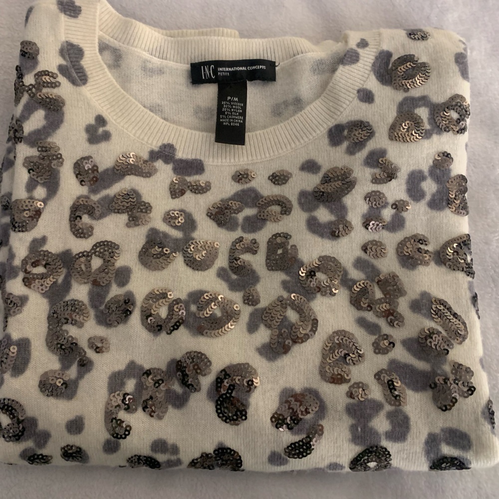 INC Wool Silk Cashmere Blend Sequin Leopard Sweater PM Animal Print Petite M - Picture 12 of 14